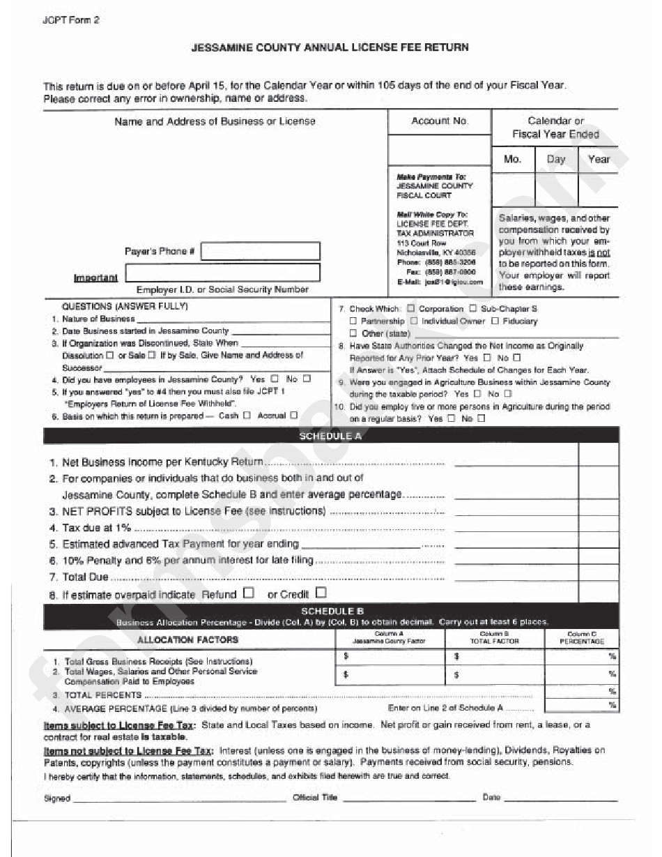 Jcpt Form 2 - Jessamine County Annual License Fee Return