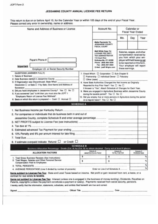 Jcpt Form 2 - Jessamine County Annual License Fee Return Printable pdf