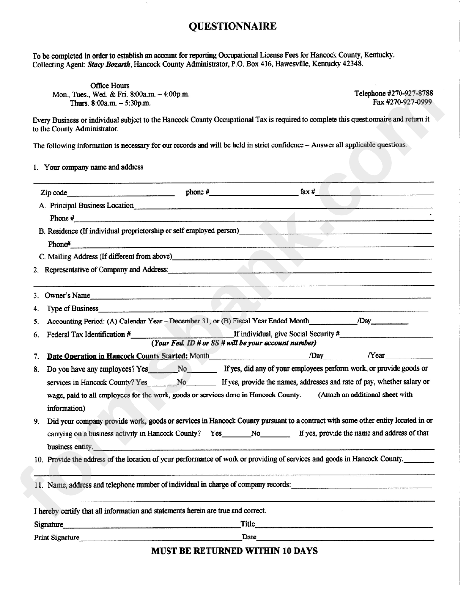 Questionnaire - Occupational License Fees For Hancock County