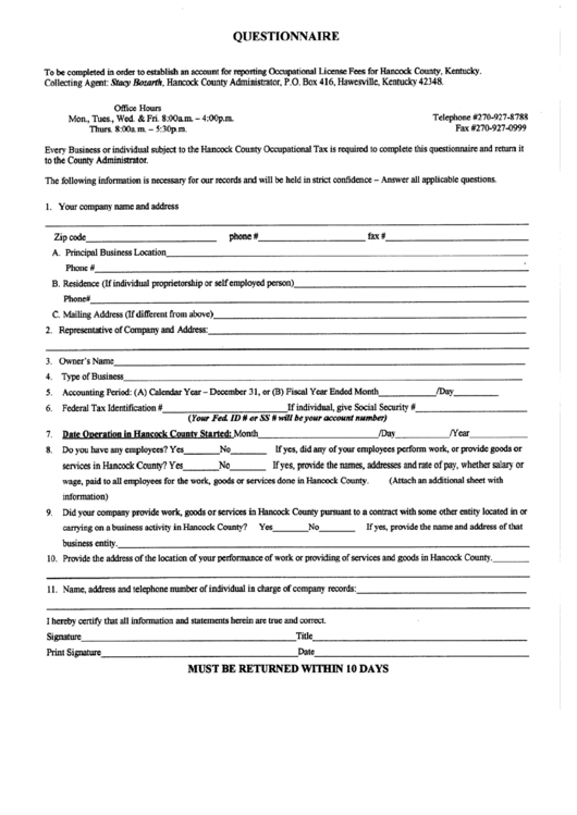 Questionnaire - Occupational License Fees For Hancock County Printable pdf
