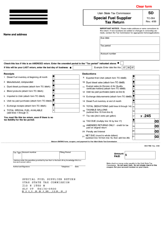 Fillable Form Tc-364 - Special Fuel Supplier Tax Return Printable pdf