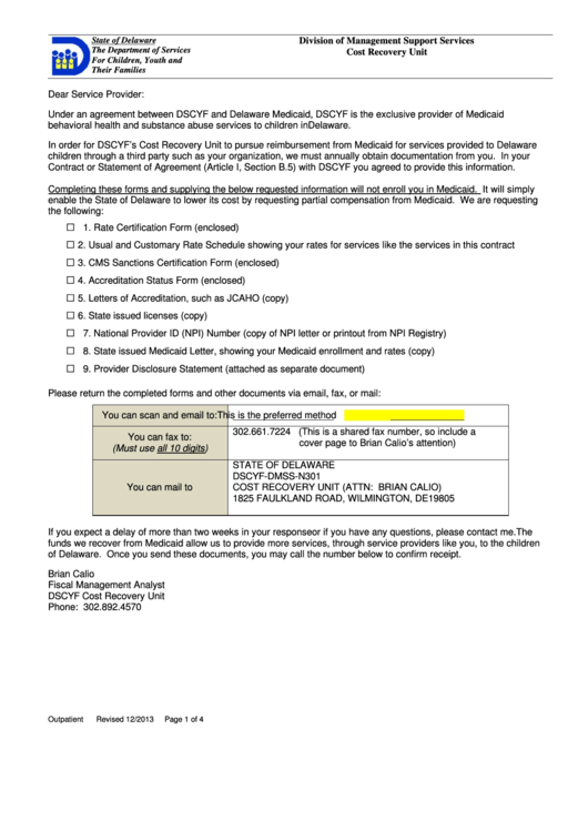 Rate Certification Form Outpatient - Delaware Department Of Services For Children, Youth And Their Families Printable pdf