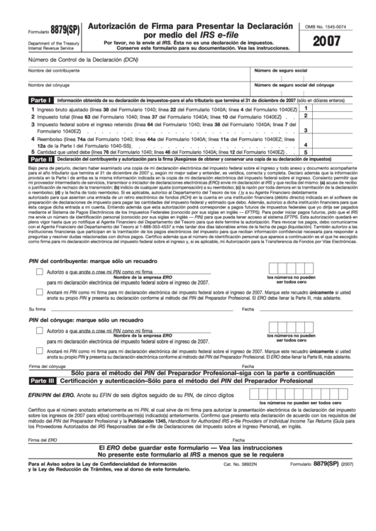 Fillable Formulario 8879(Sp) - Autorizacion De Firma Para Presentar La Declaracion Por Medio Del Irs E-File - 2007 Printable pdf