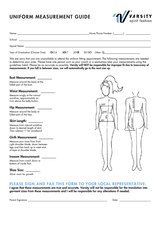 Varsity Spirit Fashion Uniform Measurement Guide Printable pdf