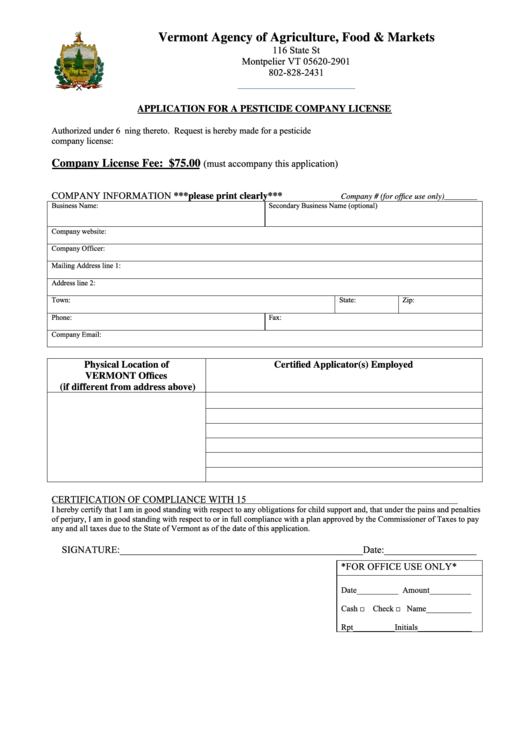 Application For A Pesticide Company License - Vermont Agency Of Agriculture, Food & Markets Printable pdf