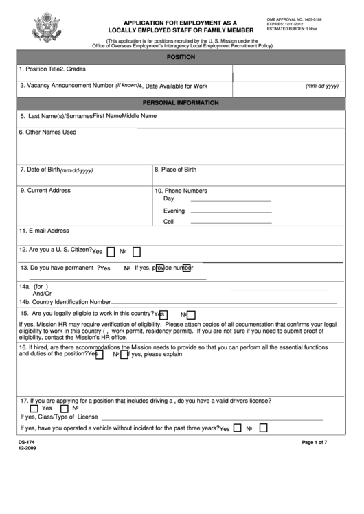Fillable Form Ds-174 - Application For Employment As A Locally Employed Staff Or Family Member Printable pdf