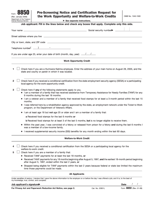 Fillable Form 8850 PreScreening Notice And Certification Request For