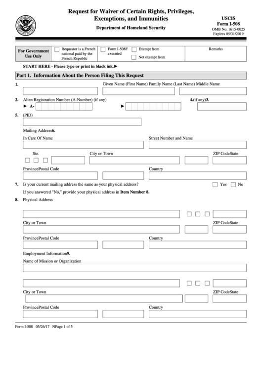 Fillable Form I-508 - Request For Waiver Of Certain Rights, Privileges, Exemptions, And Immunities Printable pdf