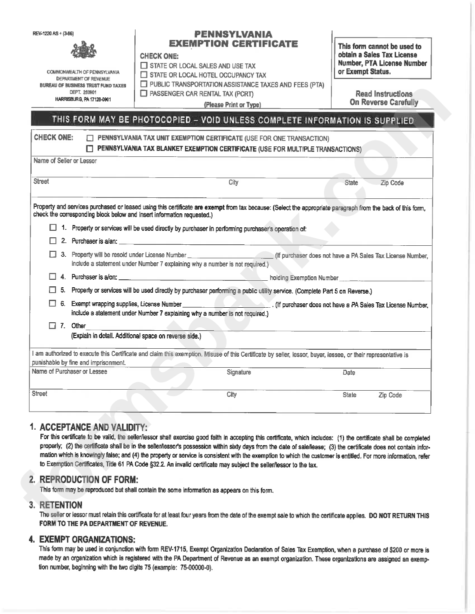 Form Rev-1220 - Pennsylvania Exemption Certificate