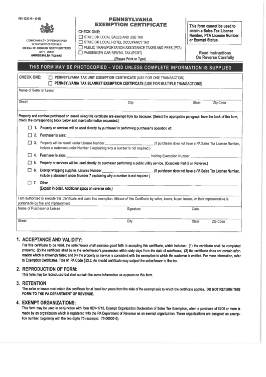 Form Rev-1220 - Pennsylvania Exemption Certificate Printable pdf