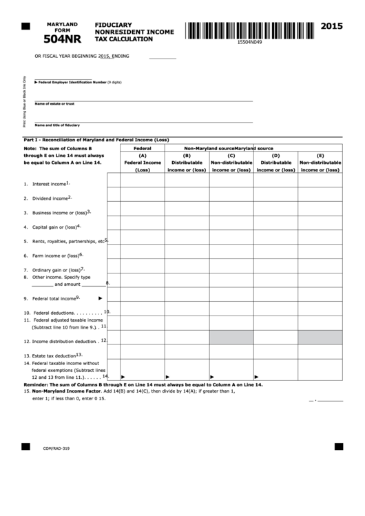 Fillable Maryland Form 504nr - Fiduciary Nonresident Income Tax Calculation - 2015 Printable pdf