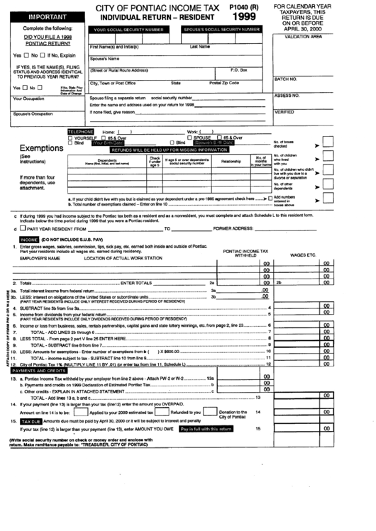 Form P1040 (R) - City Of Pontiac Income Tax Individual Return ...