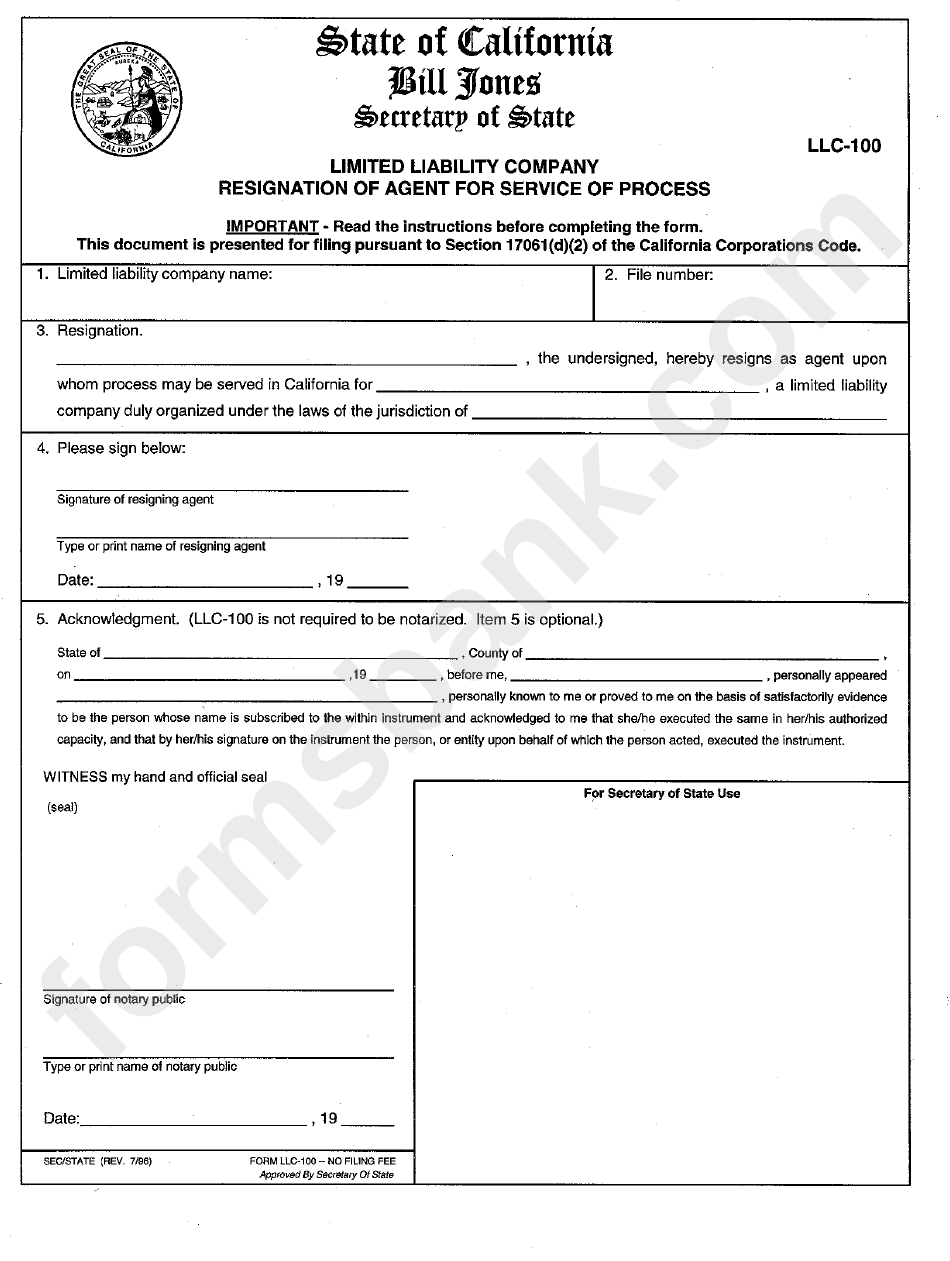 Form Llc-100 - Limited Liability Company Resignation Of Agent For Service Of Process