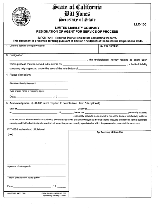 Form Llc-100 - Limited Liability Company Resignation Of Agent For Service Of Process Printable pdf