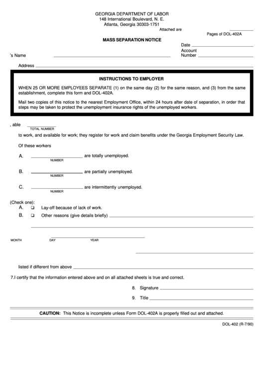 Form Dol-402 - Mass Separation Notice Printable pdf