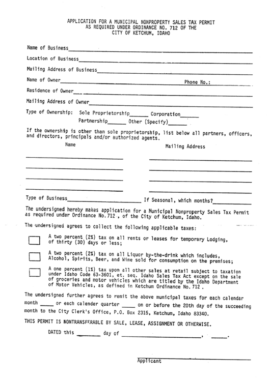 Application For A Municipal Nonpropery Sales Tax Permit As Required Under Ordinance No. 712 Of The City Of Ketchum, Idaho Printable pdf