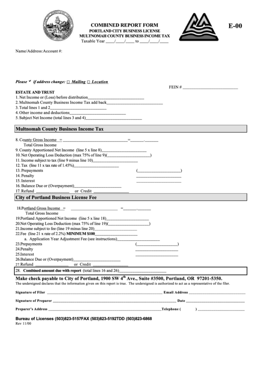 Form E-00 - Combined Report Form - Multnomah County Business Income Tax Printable pdf