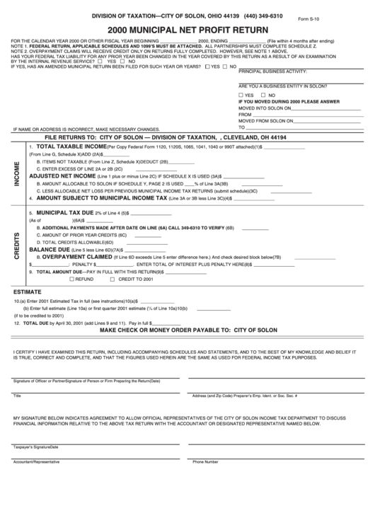 Form S-10 - Municipal Net Profit Return - 2000 Printable pdf