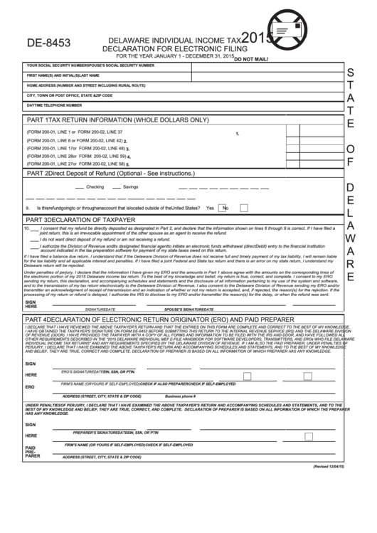 Fillable Form De-8453 - Delaware Individual Income Tax - Declaration For Electronic Filing - 2015 Printable pdf