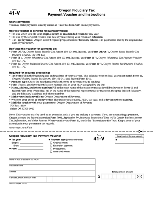 Fillable Form 41-V - Oregon Fiduciary Tax Payment Voucher Printable pdf