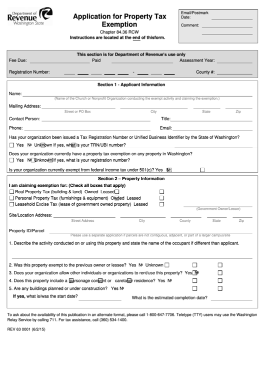 Form Rev 63 0001 - Application For Property Tax Exemption Printable pdf