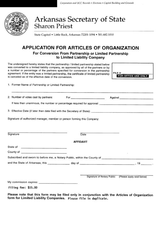 Application For Articles Of Organization - Arkansas Secretary Of State Printable pdf