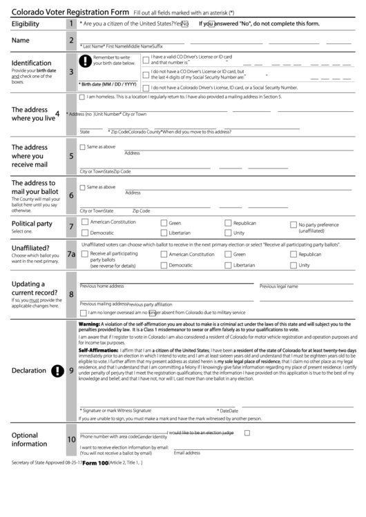 Form 100 - Colorado Voter Registration Form