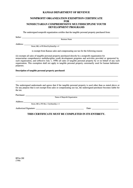 Form Bt/st-28i - Nonprofit Organization Exemption Certificate For Nonsectarian Comprehensive Multidiscipline Youth Development Programs Printable pdf
