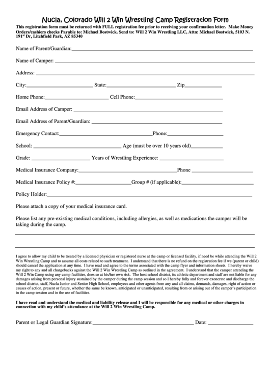 Nucla, Colorado Will 2 Win Wrestling Camp Registration Form Printable pdf