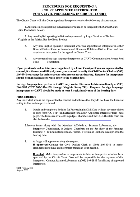 Ccr Form A-310 - Procedures For Requesting A Court Appointed - Fairfax County Printable pdf