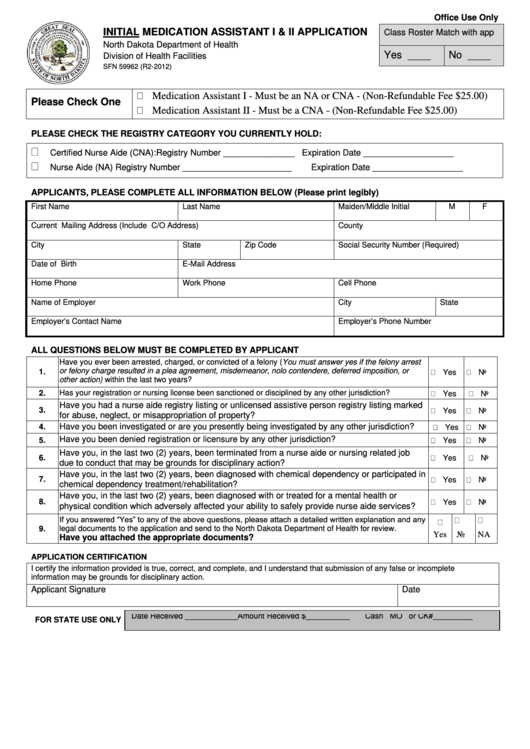 Fillable Initial Medication Assistant I And Ii Application North Dakota Department Of Health 9563