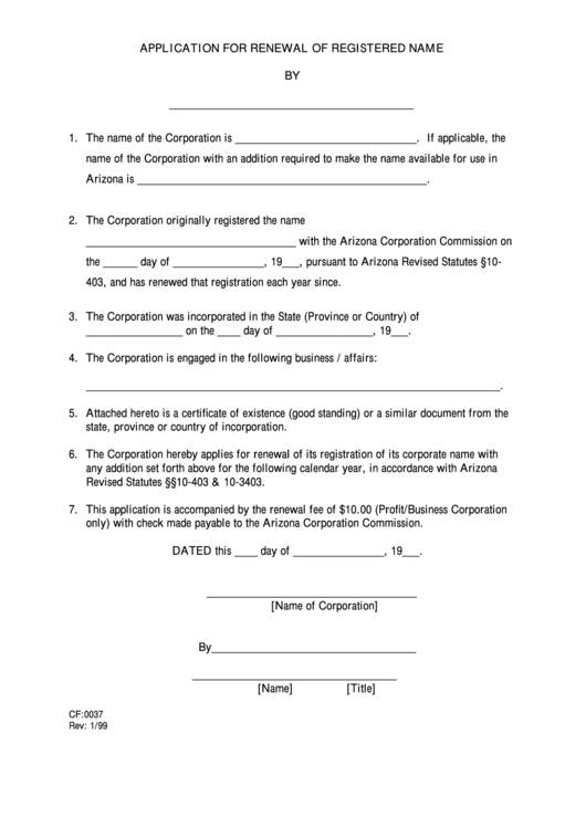 Form Cf:0037 - Application For Renewal Of Registered Name Printable pdf