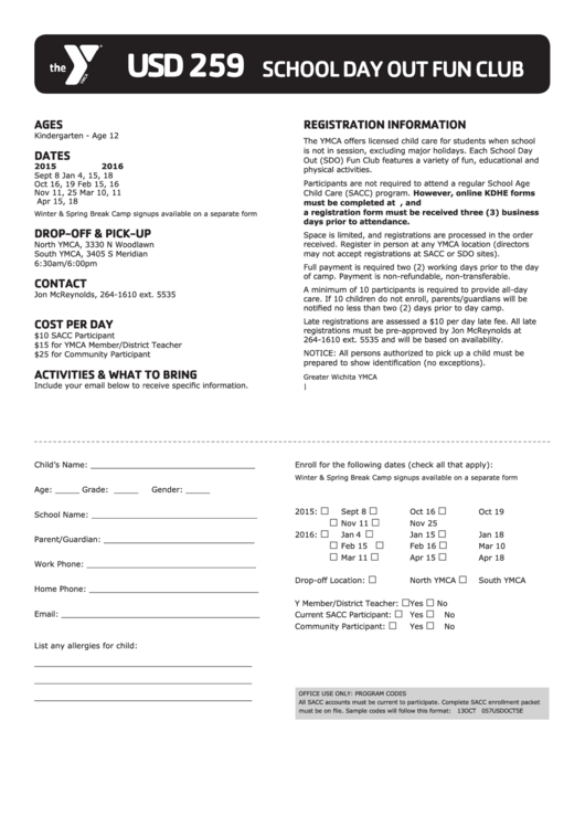 Ymca Usd 259 School Day Out Fun Club Enroll Form Printable pdf