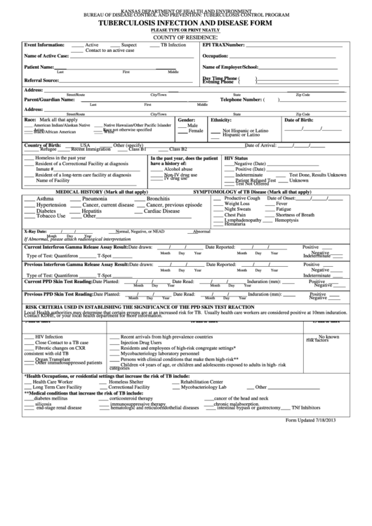 Tuberculosis Infection And Disease Form - Kansas Department Of Health And Environment Printable pdf