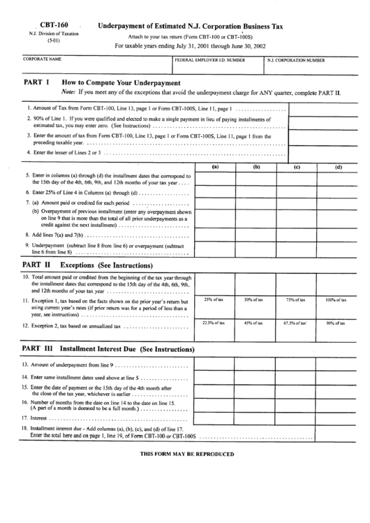 Form Cbt-160 - Underpayment Of Estimated N.j. Corporation Business Tax Printable pdf