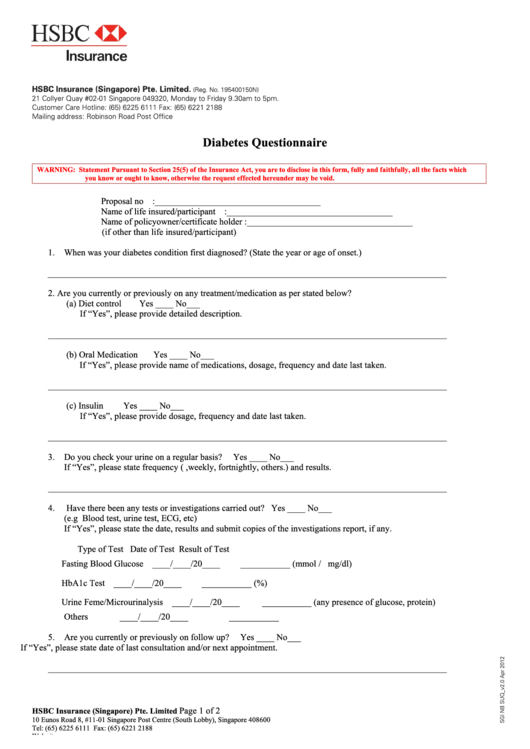 Diabetes Questionnaire Form Printable pdf