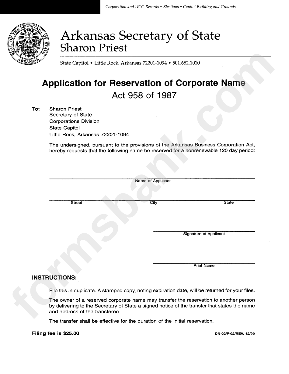 Application For Reservation Of Corporate Name - Arkansas Secretary Of State