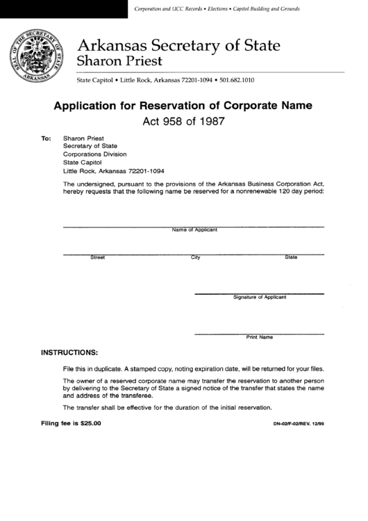 Application For Reservation Of Corporate Name - Arkansas Secretary Of State Printable pdf
