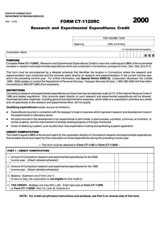 Form Ct-1120rc - Research And Experimental Expenditures Credit - 2000 Printable pdf