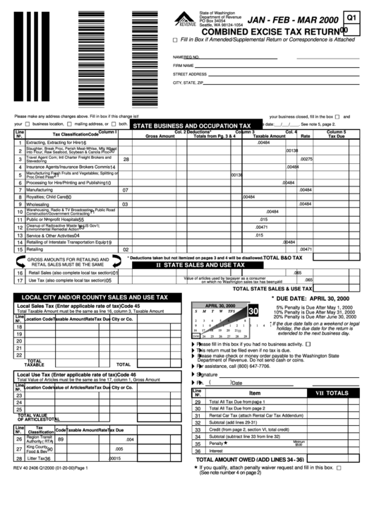Combined Excise Tax Return - Department Of Revenue - State Of Washington - 2000 Printable pdf