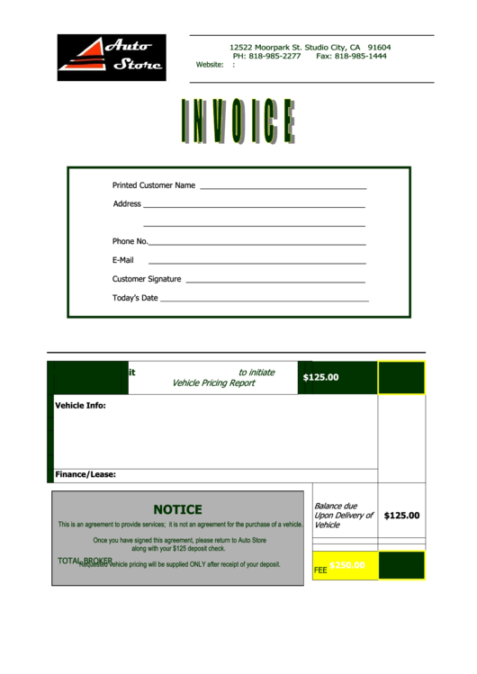 Auto Store Invoice Template Printable pdf