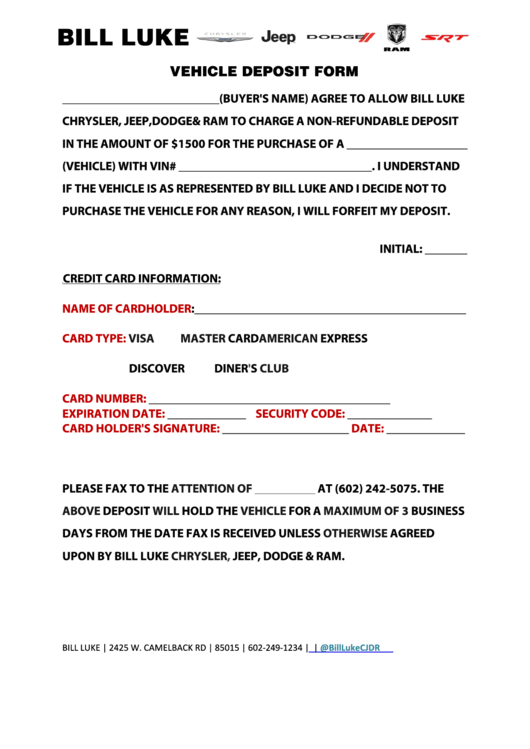 Vehicle Deposit Form Printable pdf