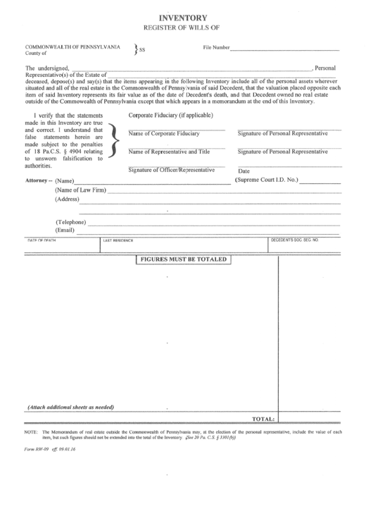 Form Rw-09 - Inventory Register Of Wills Printable pdf