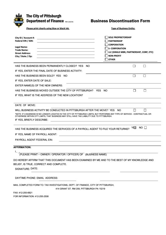 Fillable Business Discontinuation Form - The City Of Pittsburgh Printable pdf