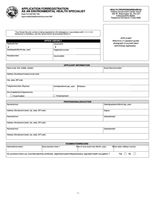 Fillable Form 46158 - Application For Registration As An Environmental Health Specialist Printable pdf