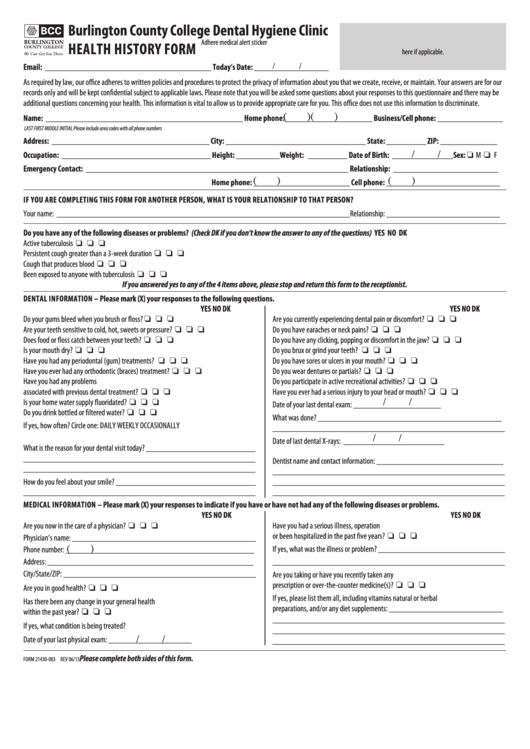 Form 21430-003 -Health History Form - Burlington County Printable pdf