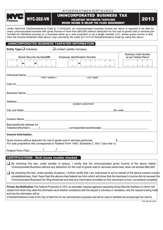 Form Nyc-202-Vr - Unincorporated Business Tax - 2013 Printable pdf