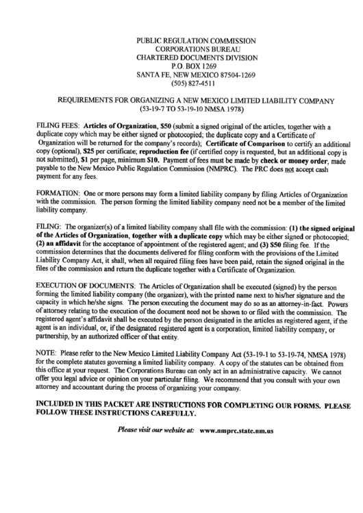 Requirements For Organizing A New Mexico Limited Liability Company - Public Regulation Comission Printable pdf