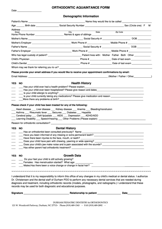 Orthodontic Aquaitance Form Printable pdf