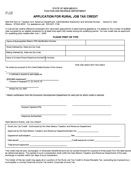 Form Rpd-41238 - Application For Rural Job Tax Credit Printable pdf
